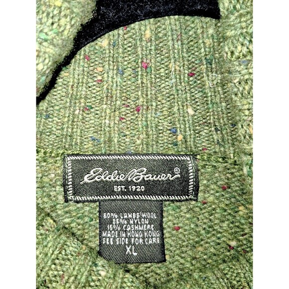 Eddie Bauer Vtg Sweater Mens XL Green /Brown Wool Blend Suede Elbow Patch - Picture 2 of 4